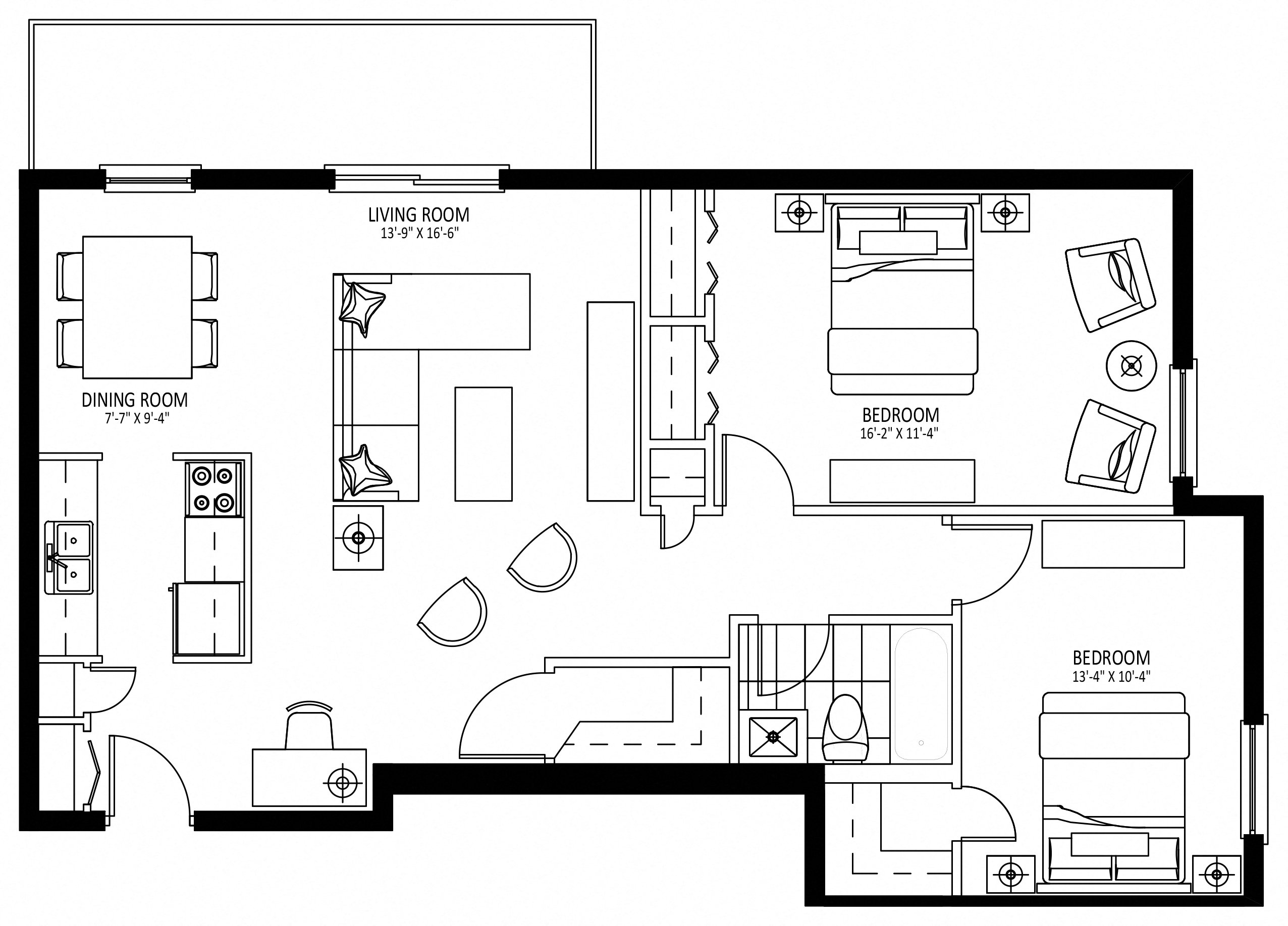 Floor plan for 2 beds, 1 bath, 1000 sqft